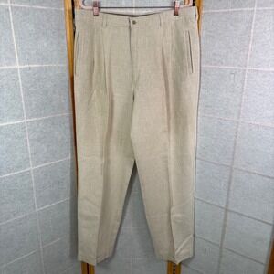 Savane Pleated Linen Blend Pants Mens 36x30 Beige Cuffed Deep Dye